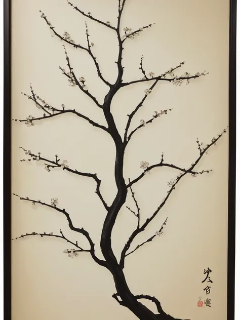 Penmanship,one black cerry blossom tree,old painting,white background