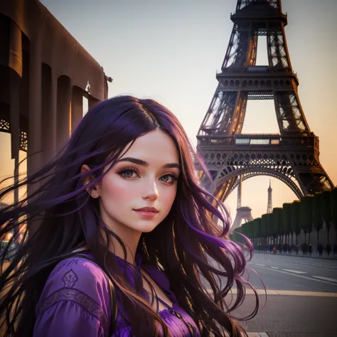 cropped woman with long hair and a purple dress in front of the Eiffel Tower, French girl, portrait de paris, photo d&#39;a pretty woman, beautiful model, belle image de portrait, beautiful model girl, portrait sophie mudd, portrait doux 8 k, photographie ...