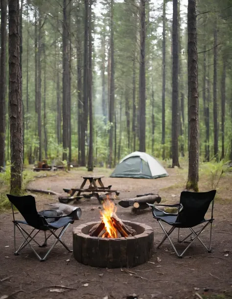 a close up of a tent and chairs in a forest, camping, at a campfire in the forest, barrel fires and tents, camp fire, peaceful e...