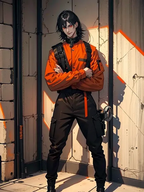 a man, Black medium-length hair, dark red eyes, Slender and tall, prisoner, Perfect male body, Looking at the camera, (Orange prison uniform, Hold your arms tight, Smile, cell), portrait, Dramatic shadows, Prisoner, Chained