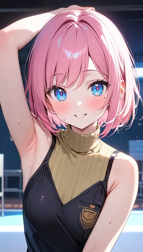 (1 girl),(Best Picture Quality, 8K, Masterpiece:1.3), (high school student:1.5), ((pink lob hair:1.1)), (bob cut),(swept bangs), (cute eyes, pupil black, iris skyblue, youthful face), (mole under right eye), (standard weight), (small breasts), (glistening ...