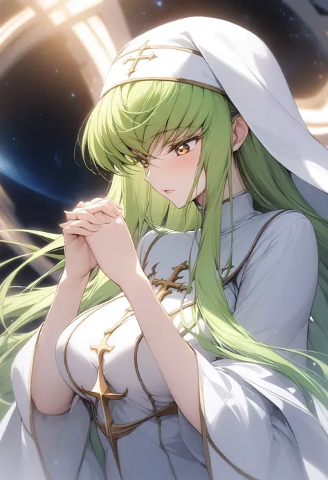 masterpiece, best quality, very aesthetic, absurdres, 1girl, mature_lady,nun_clothes,black_and_white_clothes, nun_headcovering crucifix, praying, interlocked fingers,closed_eyes,head down,holy_light ,,c.c(code_geass), 1girl, crossed_bangs, eyes_visible_thr...