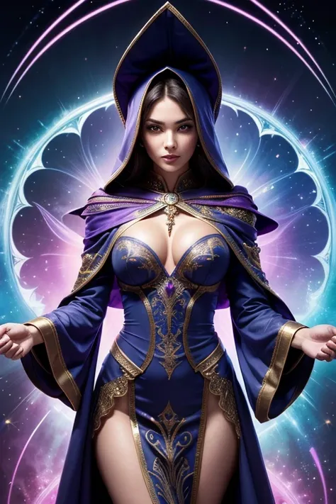 Super hot gorgeous European women、With glowing sleeves and hood、Wearing a long dress with random color fractal patterns, Flowing magical robes, Roomy robes, Casting Multicolored Spells, dark Roomy robes,Flowing magical robes, Colorful Robes, Fantasy robes,...