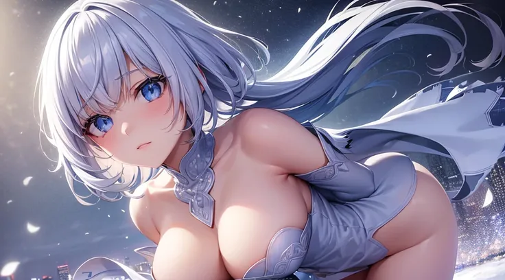 (best quality,4k,8k,highres,masterpiece:1.2),ultra-detailed,(realistic,photorealistic,photo-realistic:1.37),1girl,blue eyes, short hair, white hair, hair clips, hair pins, wearing white hoodies,city,winter snow,night,absurdres,high res, ultrasharp, 8K, mas...