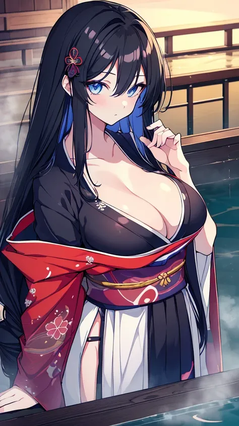 best quality, extremely detailed,anime style girl,long hair down to the waist, straight hair, ((dark black hair with bluish)),braid,beautiful detailed eyes, pinched eyes, (dark blue eyes),huge breasts,curvy,kimono,clothing with complex patterns,hair orname...