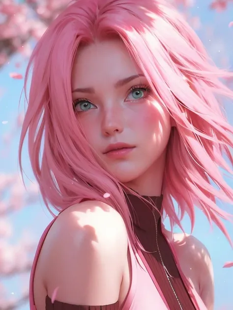 young woman, short shoulder-length pink hair, wide forehead, porcelain skin, pink eyebrows, big emerald green eyes, buttoned nose, full lips, heart-shaped face, slender body, small breasts, red tank top, Sakura Haruno , realistic, realism, details, 3d, wel...