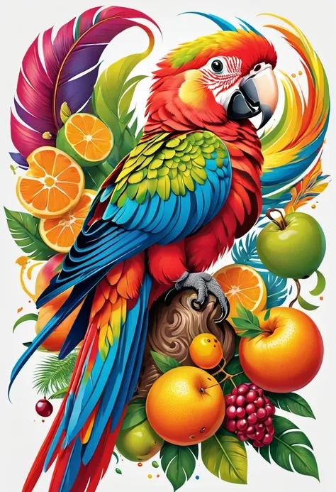 t-shirt designs, vectorial art, colorful illustration of a parrot, at the center, swirly vibrant colors, fruits, high détail,whi...