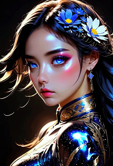 PORTRAIT, only face portrait, macro, a battle angel portrait, beautiful white skin with sparkles and glitter, long long hair with blue flowers on hair, shiny and lightening eyes, cosmos eyes, detailed skin, image is compelling with dynamic composition and ...