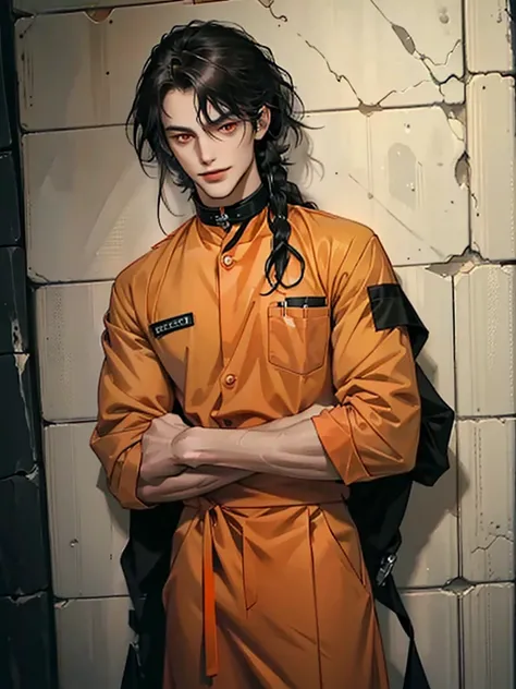 a man, Black long hair, dark red eyes, Slender and tall, prisoner, Perfect male body, Looking at the camera, (Orange prison uniform, Hold your arms tight, Smile, cell), portrait, Dramatic shadows, Prisoner, Chained