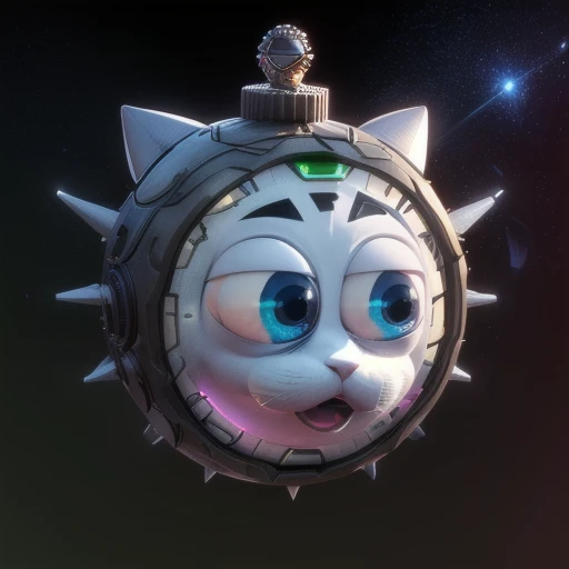 a robotic planet, round planet, with a white cats face, covered with gray metal armor, symbol on the armor, a cylindrical robot on its head, blue holographic spikes levitating around it, in a galaxy 