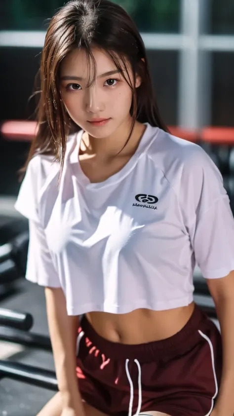 (best quality, 4K, masterpiece：1.3), 1girl, 18 years old, dark brown hair, track pants, Wet body, gym room, A half body, Look into the camera