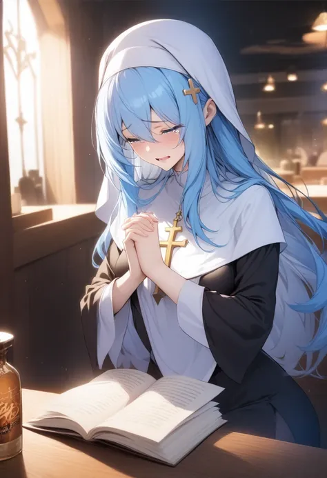 masterpiece, best quality, very aesthetic, absurdres, 1girl, mature_lady,nun_clothes,black_and_white_clothes, nun_headcovering crucifix, praying, interlocked fingers,closed_eyes,tears_in_eyes, head down,holy_light ,,aqua_(konosuba), kono_subarashii_sekai_n...