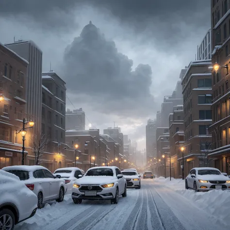 a city covered in heavy snow, snow-covered cars parked on the streets, a snowy winter landscape, overcast sky, dynamic camera angle, cinematic lighting, moody atmosphere, high-quality detailed image, photorealistic, HDR, 4k, hyperrealistic, incredibly deta...