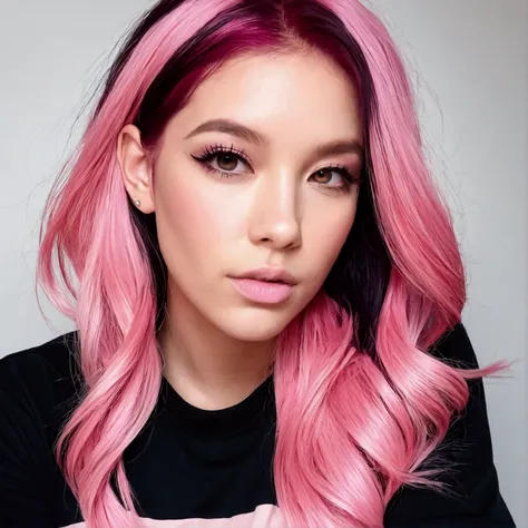 um close up de uma mulher com Pink Hair e um top preto, Pink Hair, Pink Straight Hair, Pink Hair claro, com Pink Hair, Pink Hair longo, long Bubble Gum Hair, Bubble Gum Hair, Pastel pink skin tone, 長く流れるようなPink Hair, Pink Hair claro longo, Pink Hair wispy,...