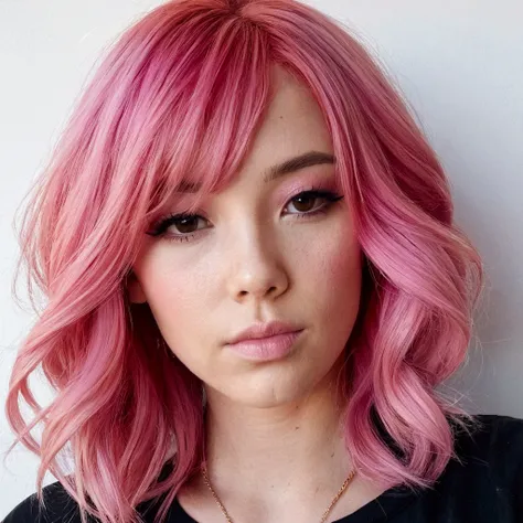 um close up de uma mulher com Pink Hair e um top preto, Pink Hair, Pink Straight Hair, Pink Hair claro, com Pink Hair, Pink Hair longo, long Bubble Gum Hair, Bubble Gum Hair, Pastel pink skin tone, 長く流れるようなPink Hair, Pink Hair claro longo, Pink Hair wispy,...