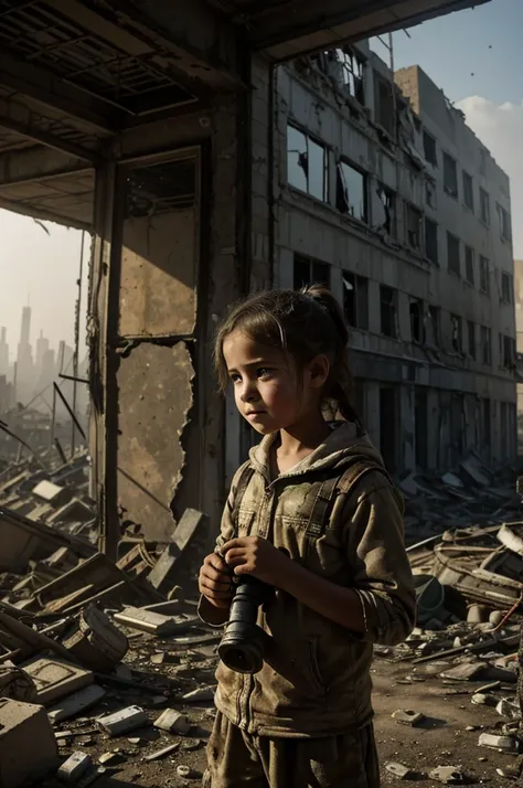 A young girl, around 8-12 years old, exuding resilience despite the devastation surrounding her. Her eyes, visible through the grime and a worn gas mask, hold a flicker of determination.
Scene: The backdrop depicts a war-torn cityscape in ruins. Crumbled b...