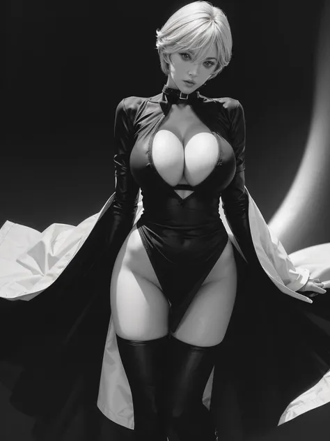 Very short hair, (masterpiece、Highest quality、Official Art), Neck up, View from the front, Looking at the audience:1.5, topless, Underless, White jacket:1.2, Black long boots, Black garter belt, (Black bondage suit:1.2), Black collar, Black choker, Glowing...