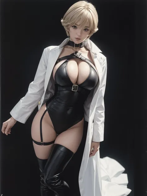 Very short hair, (masterpiece、Highest quality、Official Art), Neck up, View from the front, Looking at the audience:1.5, topless, Underless, White jacket:1.2, Black long boots, Black garter belt, (Black bondage suit:1.2), Black collar, Black choker, Glowing...