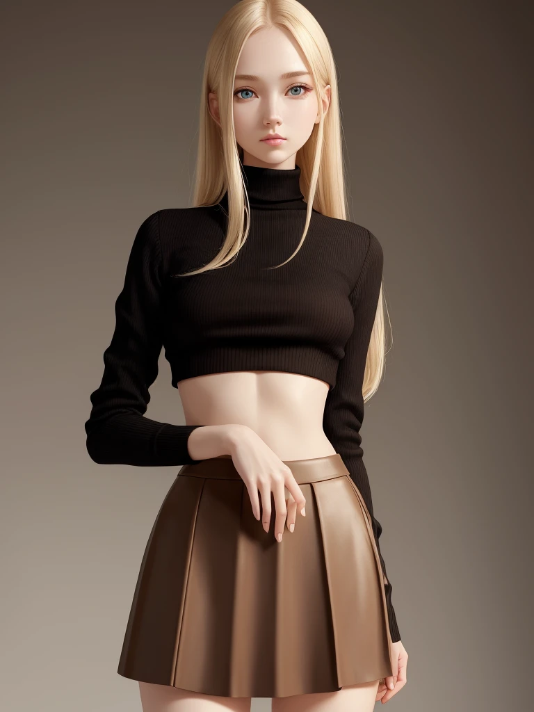 (best quality), 1girl, female, porcelain skin, blonde hair, straight hair, medium hair, swoopy tips, Flipped-up ends, brown eyes, perfect eyes, crop turtleneck top, black skirt, slender, , small bust, shy, masterpiece, anatomically correct, highres
