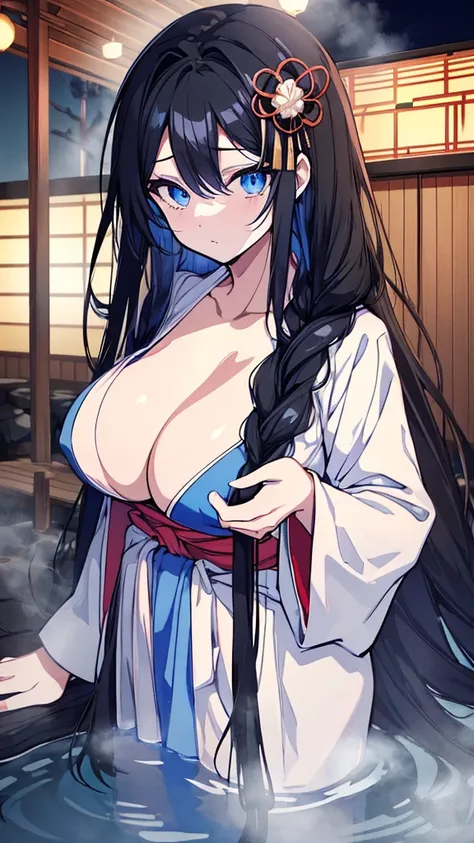 best quality, extremely detailed,anime style girl,long hair down to the waist, straight hair, ((dark black hair with bluish)),braid,beautiful detailed eyes, pinched eyes, (dark blue eyes),huge breasts,curvy,kimono,clothing with complex patterns,hair orname...