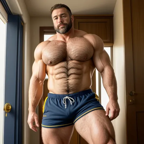 Golden hour, large pectoral muscle, abdominal muscles, sailor,white male in his 50s, natural lighting, (hairy chest), dark hair blue eyes, daddy, erotic, thick thighs, thick forearms, thick arma, bulge, tiny yellows shorts