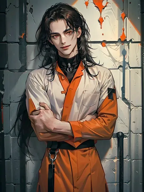 a man, Black long hair, dark red eyes, Slender and tall, prisoner, Perfect male body, Looking at the camera, (Orange prison uniform, Hold your arms tight, Smile, cell), portrait, Dramatic shadows, Prisoner, Chained