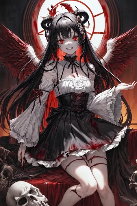 (Highest quality,4K,High resolution,masterpiece:1.2),Very detailed,Realistic:1.37,masterpiece, Highest quality, Exquisitely crafted, woman, beautiful, elegant, smile, Blood, iridescent Long Hair, bangs, skirt, shirt, Long sleeve, Frills, shoes, (Red and Bl...