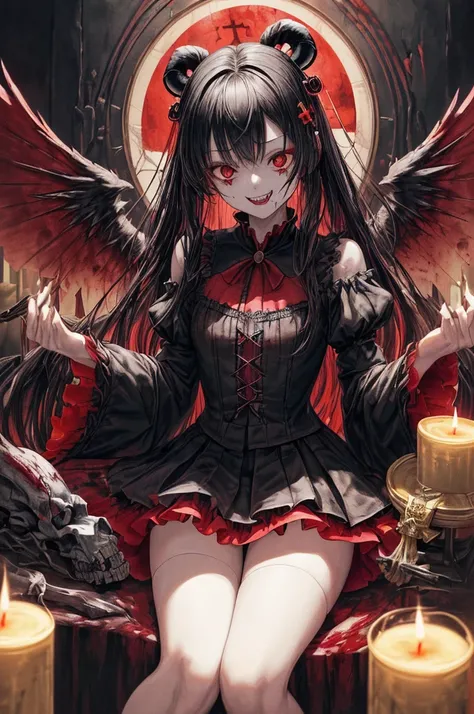 (Highest quality,4K,High resolution,masterpiece:1.2),Very detailed,Realistic:1.37,masterpiece, Highest quality, Exquisitely crafted, woman, beautiful, elegant, smile, Blood, iridescent Long Hair, bangs, skirt, shirt, Long sleeve, Frills, shoes, (Red and Bl...