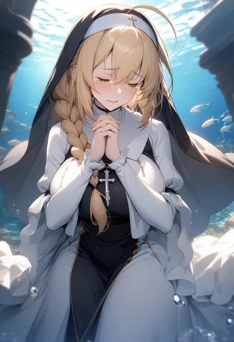 masterpiece, best quality, very aesthetic, absurdres, 1girl, mature_lady,nun_clothes,black_and_white_clothes, nun_headcovering crucifix, praying, interlocked fingers,closed_eyes,tears_in_eyes, head down,holy_light ,,saber_(fate), fate_(series), 1girl, ahog...