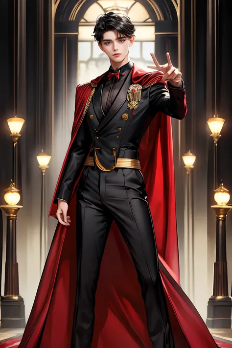 
masterpiece, 最high quality, high quality, 1 boy, alone, Male focus, Watching the audience,  Messy black hair, Adorable big blue eyes, White people, Noble, Noble,Sexy voluminous black and red cape、Tuxedo、A very voluminous, large, very large, very large, lo...