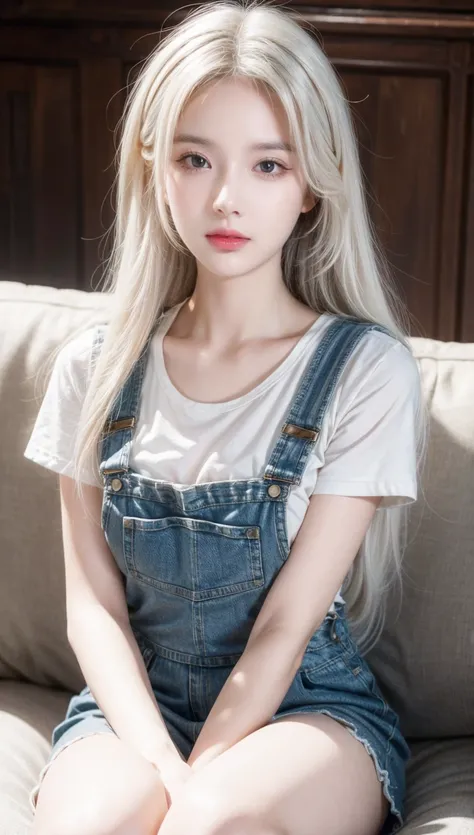 +Masterpiece, best quality, super detailed, a schoolgirl, beautiful face, rich details, (long white hair), perfect face, overalls, sitting, close-up, shabby sofa