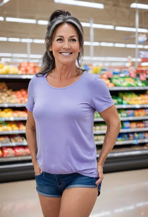 Full body 45 year old mature woman with hair tied in a ponytail and dark layers falling over her face, medium size, beautiful face and perfect body, sagging medium round breasts, hands behind head, smile, firm skin, standing in a walmart. Posing for a phot...