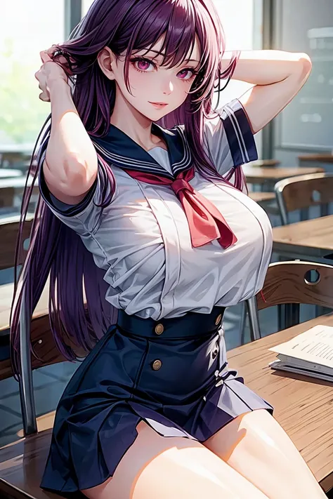 woman, sexy woman, mature female, mommy, long purple hair, red eyes, sharp eyes, detailed lips, big breast, short sleeves sailor...