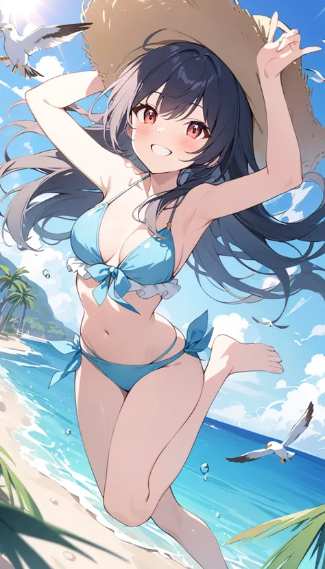 masterpiece, best quality, 1girl, solo, long black hair, red eyes, light blue bikini, sun hat, beach, sunny, clear sky, gentle waves, cheerful expression, wide smile, jumping, arms raised, playful pose, palm trees, beach umbrellas, sand, footprints, seagul...