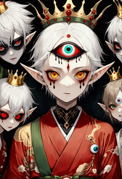 Japanese Anime，Second Dimension，Horror style，horror character，(((Three-eyed boy，third eye on the forehead:1.1.Dark eyeshadow，White short hair，Elf ears，Exaggerated golden crown-eyeball decoration))),(((Gorgeous Japanese red kimono，Eye pattern，Dark Pattern))...