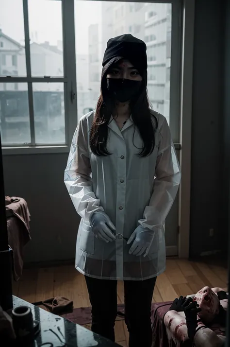 korean girl, (behind corpse, surgical mask), blood splatter, holding knife, stabbing, gloves, room full of blood, transparent raincoat, trucker hat, holding knife, gloves, behind corpse, very long hair, night, mass murderer, robbery, in the hotel, dark atm...