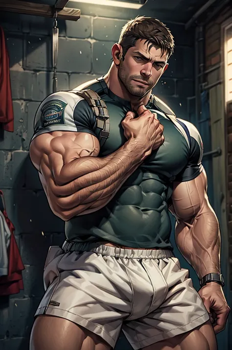 32k, high quality , Detailed face , Detailed eyes, Muscular, Not fine, chris redfield, underwear, bed room