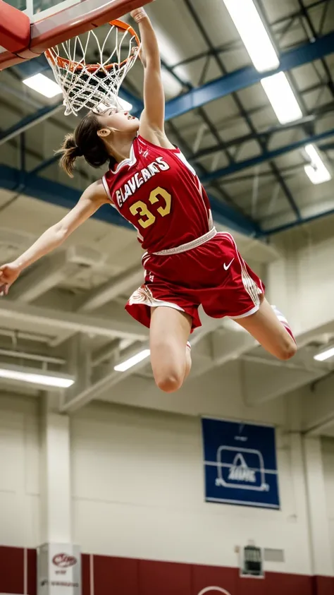 (best quality, masterpiece, colorful, dynamic angle, highest detailed) fashion photography of a cute and sexy korean female basketball player in a red and gold Cleveland basketball uniform leaping in the air attempting to dunk a basketball, dunking, big br...