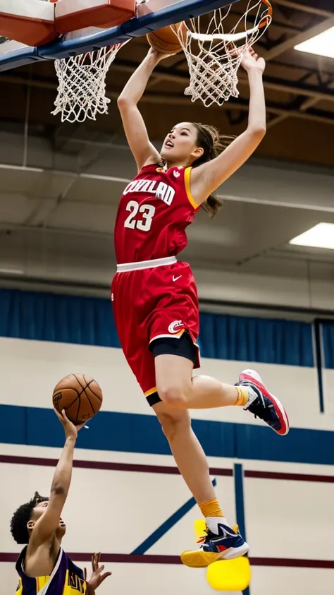 (best quality, masterpiece, colorful, dynamic angle, highest detailed) fashion photography of a cute and sexy korean female basketball player in a red and gold Cleveland basketball uniform leaping in the air attempting to dunk a basketball, dunking, big br...