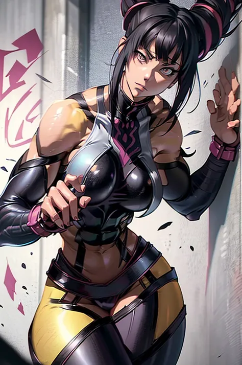 juri han,1 girl muscular pale skin black hair black yellow eyes against the wall sad sad sad sad tight shirt leggings thick thic...