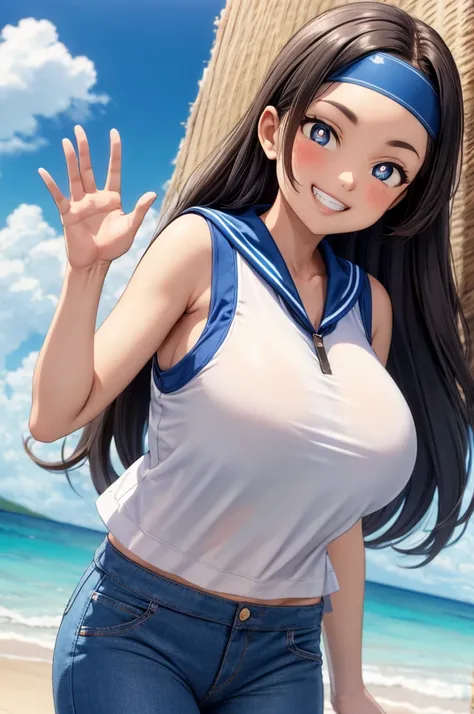 masterpiece, best quality, white pupils, headband, blue sailor collar, sleeveless white shirt, swimsuit under clothes, blue pants, cowboy shot, smile, beach, blue sky, clouds, looking at viewer, waving, grin,  