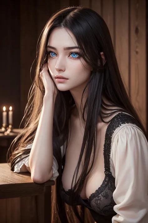 (tabletop:1.2), best qualityer, high resolution, (beautiful detailed eyes:1.6), extra detailed face, perfect lighting, extremely details CG、Women with long hair、Beautiful stools、Wily、The face is hidden by the hair、disheveled clothes、ashen skin ,scary,pale ...