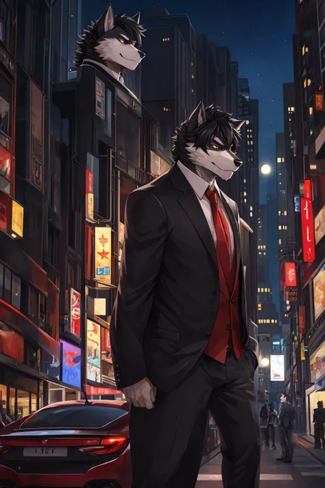 Anthro wolf man, Wearing a black suit, handsome, charismatic, has a firm and serious expression, black hair with a red pattern, he is in the middle of the night city, while leaning against a cool sedan. (Anthro wolf male)