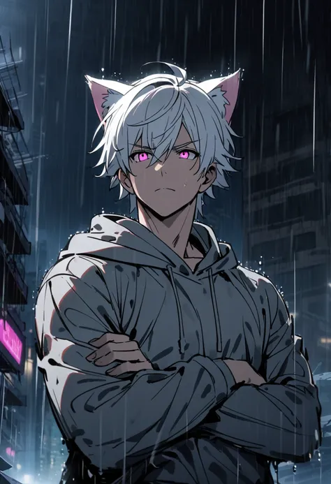 1 men, short white hair, pink eyes, Kitten ears, gray hooded sweatshirt, slightly muscular body, at night, raining, front view, Top of a destroyed building, crossed arms, 4K