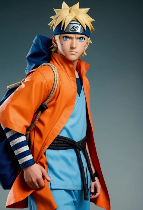 Best Quality, master part, super high resolution, (realism: 1.4), realistic photo, Chico, Naruto Uzumaki is one of Narutos protagonists, He has bright blue eyes and blonde hair.. He wears an orange tunic with blue decorative stripes on the hem and cuffs., ...