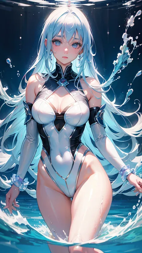 
light blue hair, shiny hair, Surrealism, anime, 8k, super detail, UHD, masterpiece, accurate, anatomically correct, textured skin, super detail, high quality, award winning, best quality, highres
"A girl representing Mercury, with a water theme. She has a...