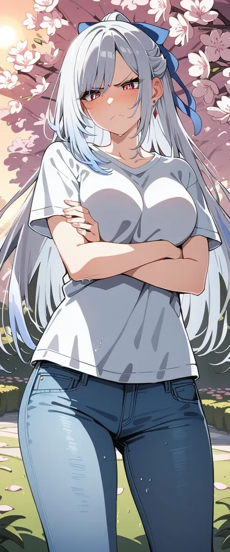 (masterpiece:1.37), best quality, (extremely detailed:1.37), (1girl:1.5), woman, (mature:1.5), (adult:1.5), jingliu, white hair, long hair, ponytail, hair ribbon, red eyes, earrings, jewelry, (jeans:1.25), (extremely detailed eyes:1.37), (wetting self:1.75...