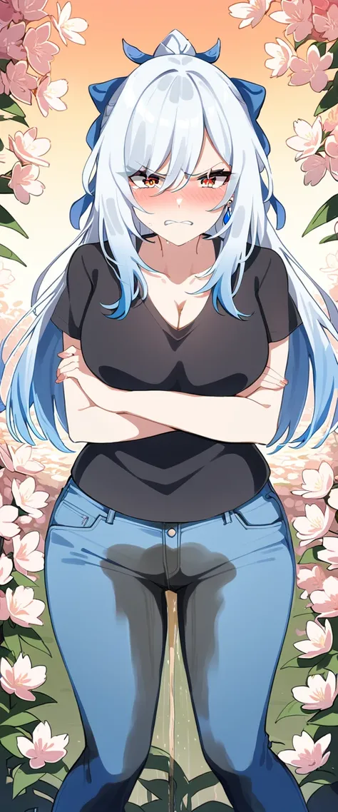 (masterpiece:1.37), best quality, (extremely detailed:1.37), (1girl:1.5), woman, (mature:1.5), (adult:1.5), jingliu, white hair, long hair, ponytail, hair ribbon, red eyes, earrings, jewelry, (jeans:1.25), (extremely detailed eyes:1.37), (wetting self:1.75...