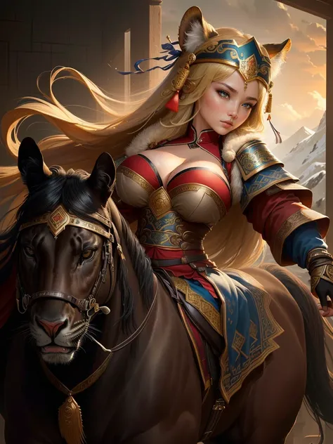 a close up of a woman riding a horse with a leopard on it, genghis khan, mongol, inspired by Li Kan, inspired by Hu Zaobin, photo of genghis khan, bian lian, naranbaatar ganbold, inspired by Huang Shen, yiqiang and shurakrgt, by Yang Borun, kuang hong,  Hi...