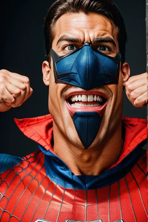 A Arnold face with Spider-Man costume and showing bodybuilder pose inside a face there are small expression of bodybuilding exercises